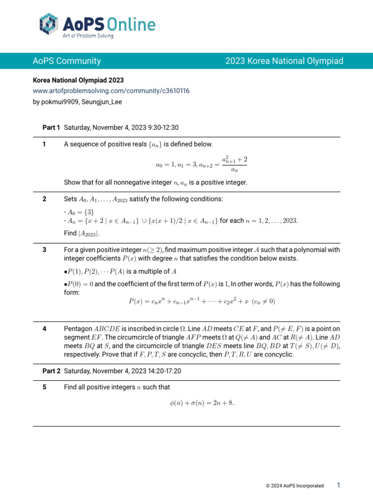 2023 Korea National Olympiad Problems | PDF | Triangle | Elementary ...
