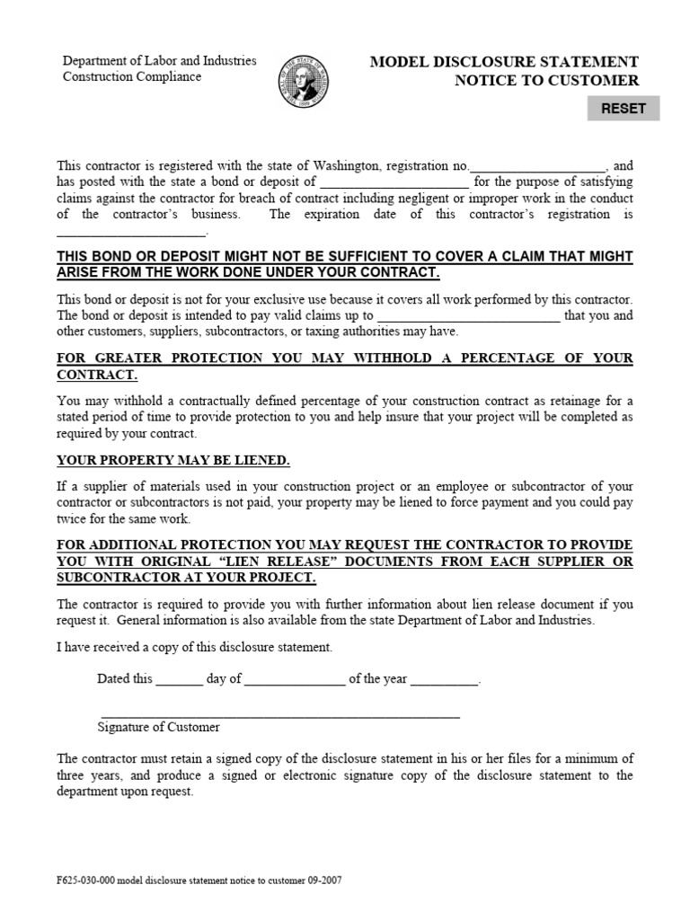 Washington Contractor Disclosure Notice | PDF | Business | Private Law