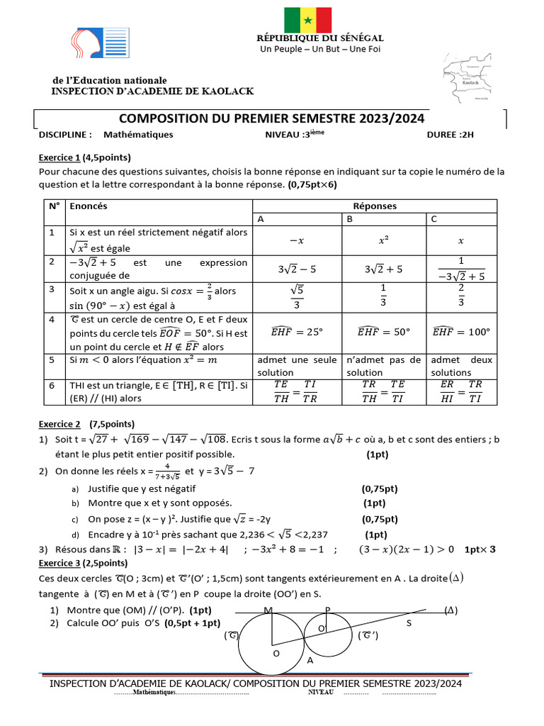 Composition Math 3ème Semestre 2023/2024 | PDF | Triangle | Triangle