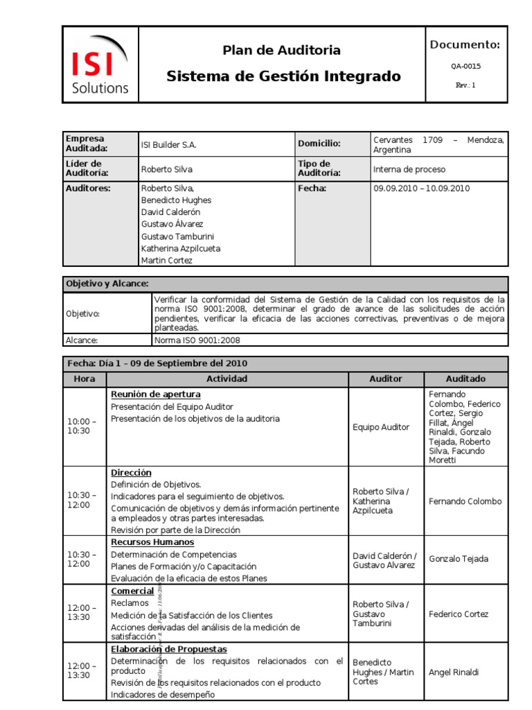 Plan de Auditoría Interna ISO 9001:2008 | PDF | Contralor | Gestión de ...