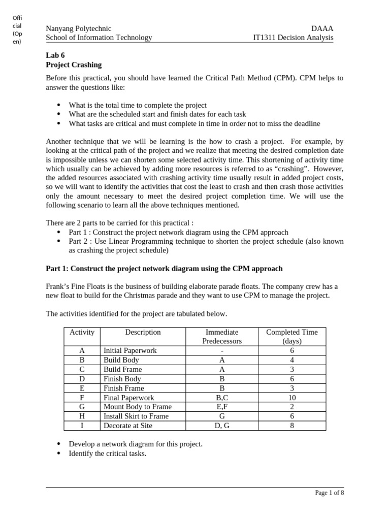 Lab 6 Project Crashing - BLANK | PDF | Analysis | Applied Mathematics