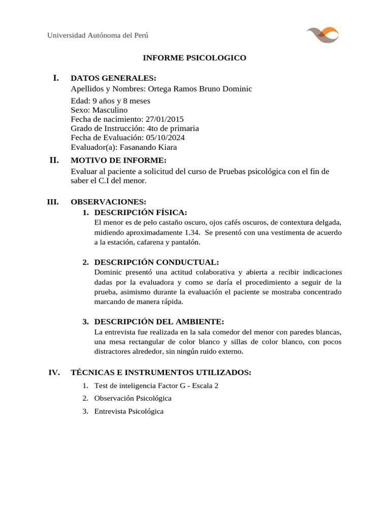 Informe CI Infantil: Caso Dominic | PDF | Cociente de inteligencia ...