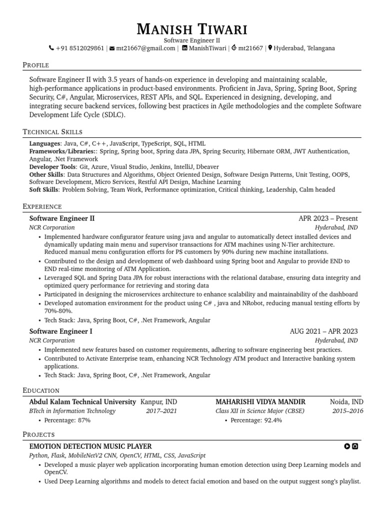 Software Engineer II Profile - Manish Tiwari | PDF | Computing ...