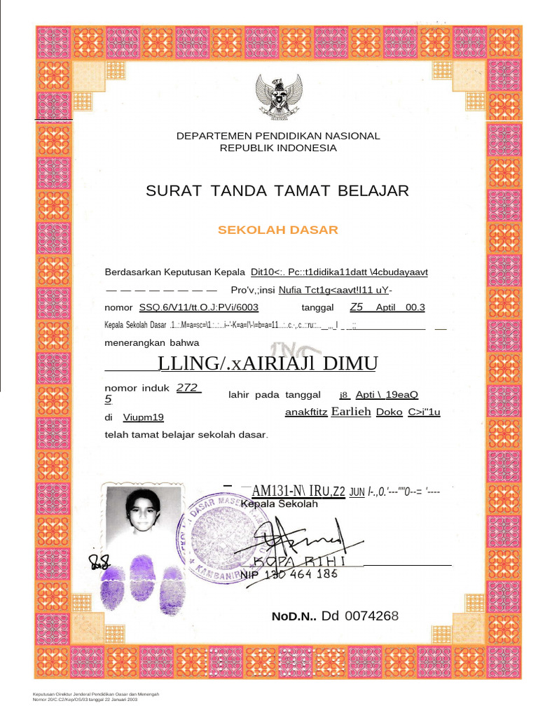 Ijazah Sekolah Dasar Tahun 2003 | PDF