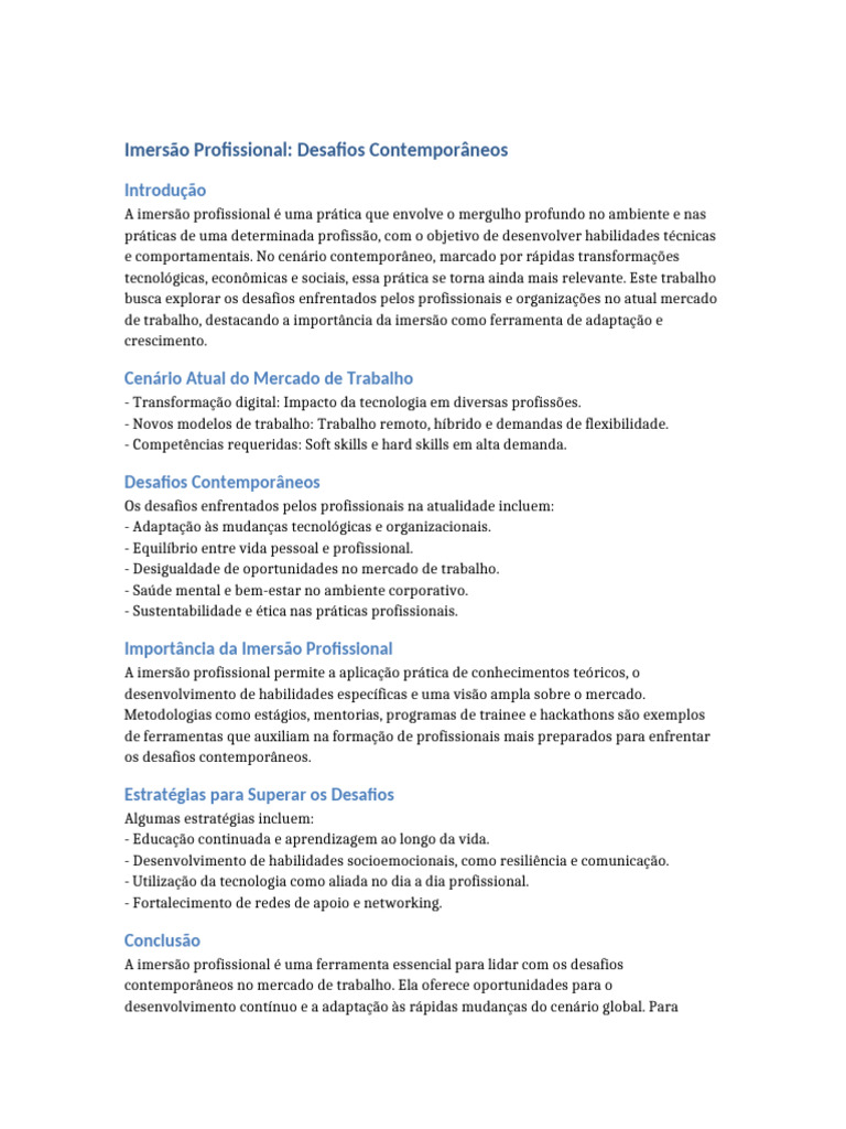 Imersão Profissional e Desafios Atuais | PDF