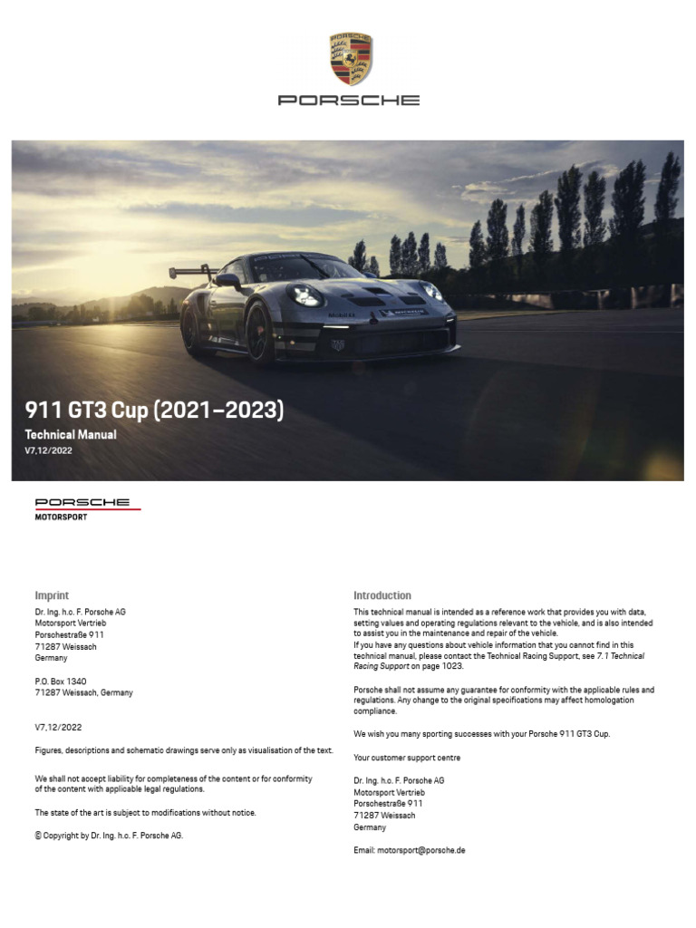 PA10 0836 Porsche 911 GT3 Cup Technical Manual V7!12!2022 en | PDF