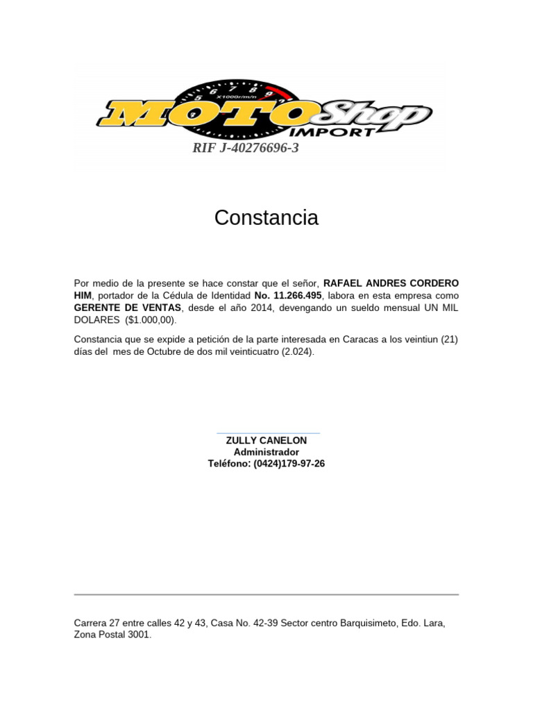 Constancia Laboral de Rafael Cordero | PDF