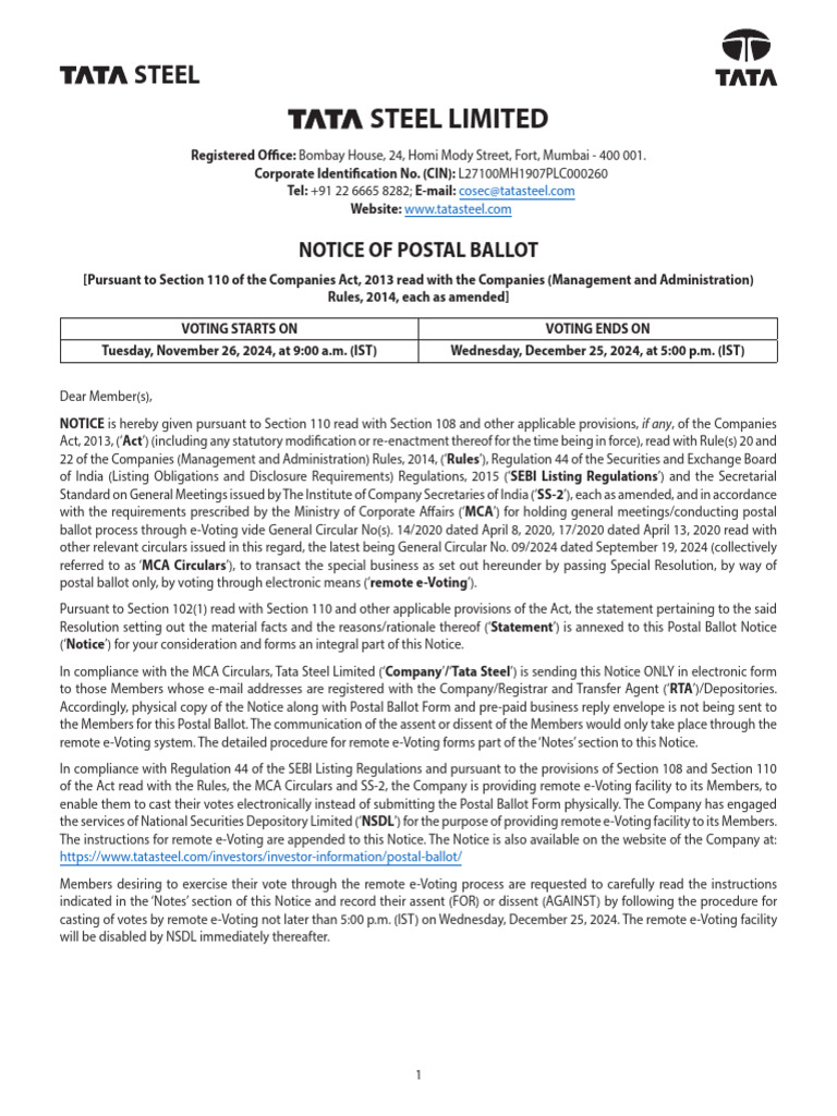 Postal Ballot Notice | PDF | Login | Electronic Voting