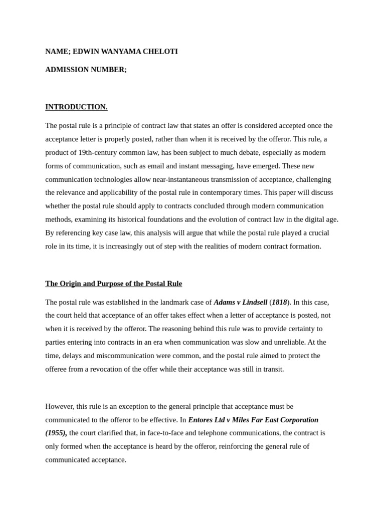 Postal Rule in Modern Contract Law | PDF | Offer And Acceptance ...