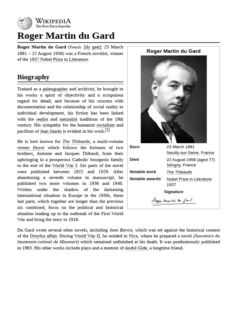 Roger Martin Du Gard: The Life, Works, and Nobel Prize of a Literary Giant
