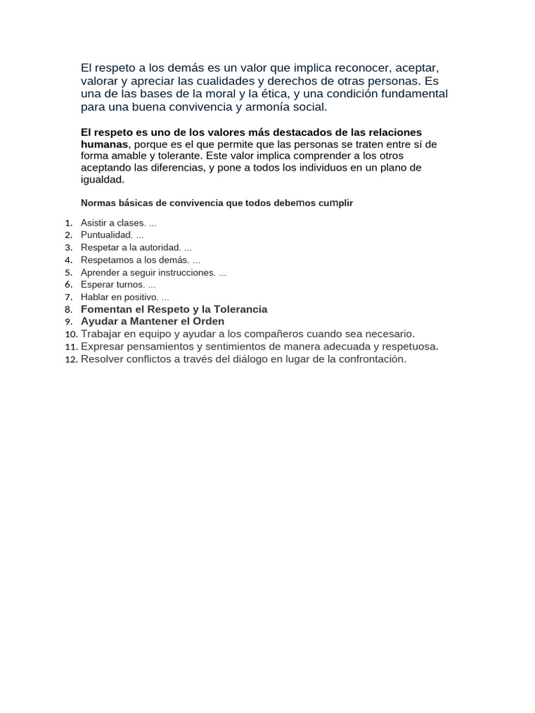 El Respeto A Los Demás Es Un Valor Que Implica Rec | PDF