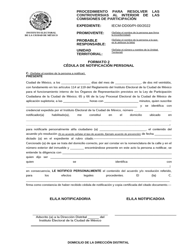 Cédula de Notificación Personal IECM | PDF | México | Gobierno