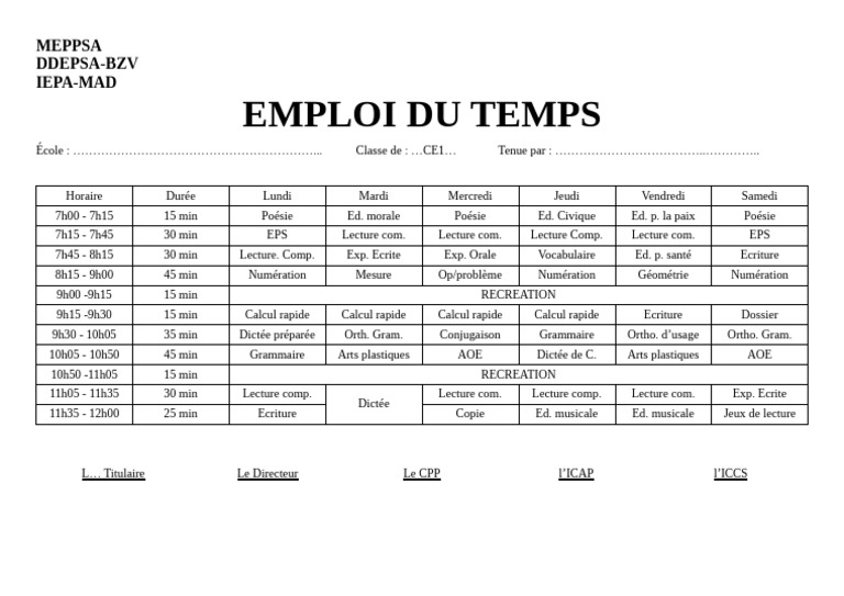 Emploi du temps CE1 modifiable | PDF