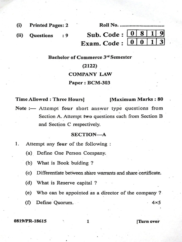 BCom - 3rd Sem - BCM-303 - Company Law - December 2022 | PDF