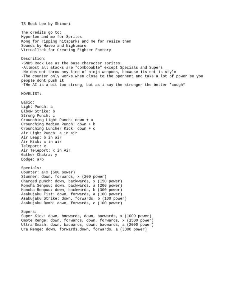 Rock Lee Character Moveset Guide | PDF