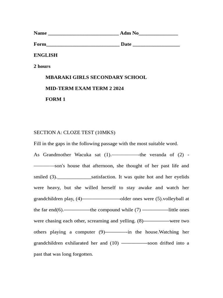 English Midterm Exam Pdf English Language Swahili Language