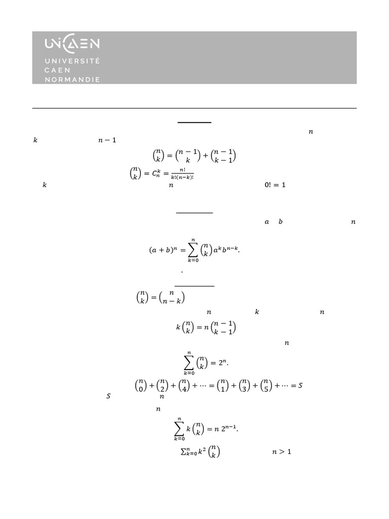 Formules de Pascal et Binôme de Newton | PDF | Arithmétique ...