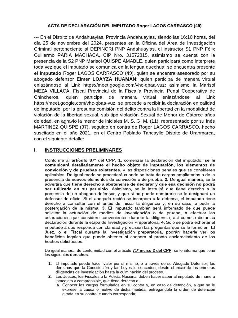 Declaración de Imputado por Delito Sexual | PDF | Fiscal | Crimen y ...