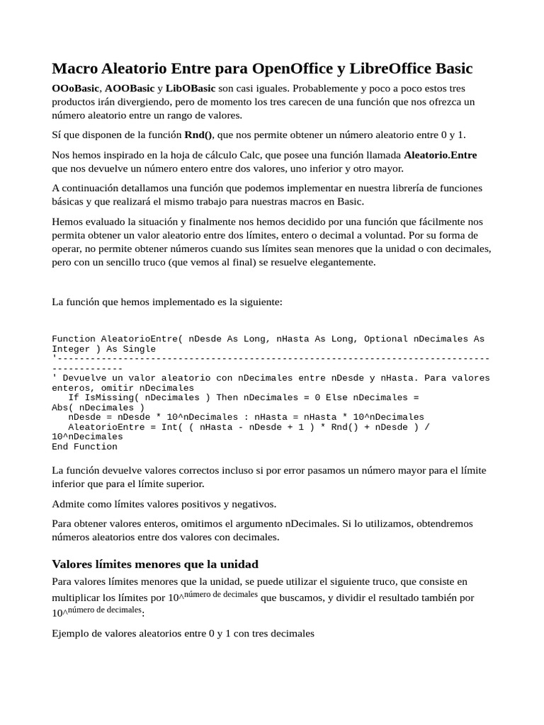 Macro Aleatorio Entre para OpenOffice y LibreOffice Basic | PDF ...