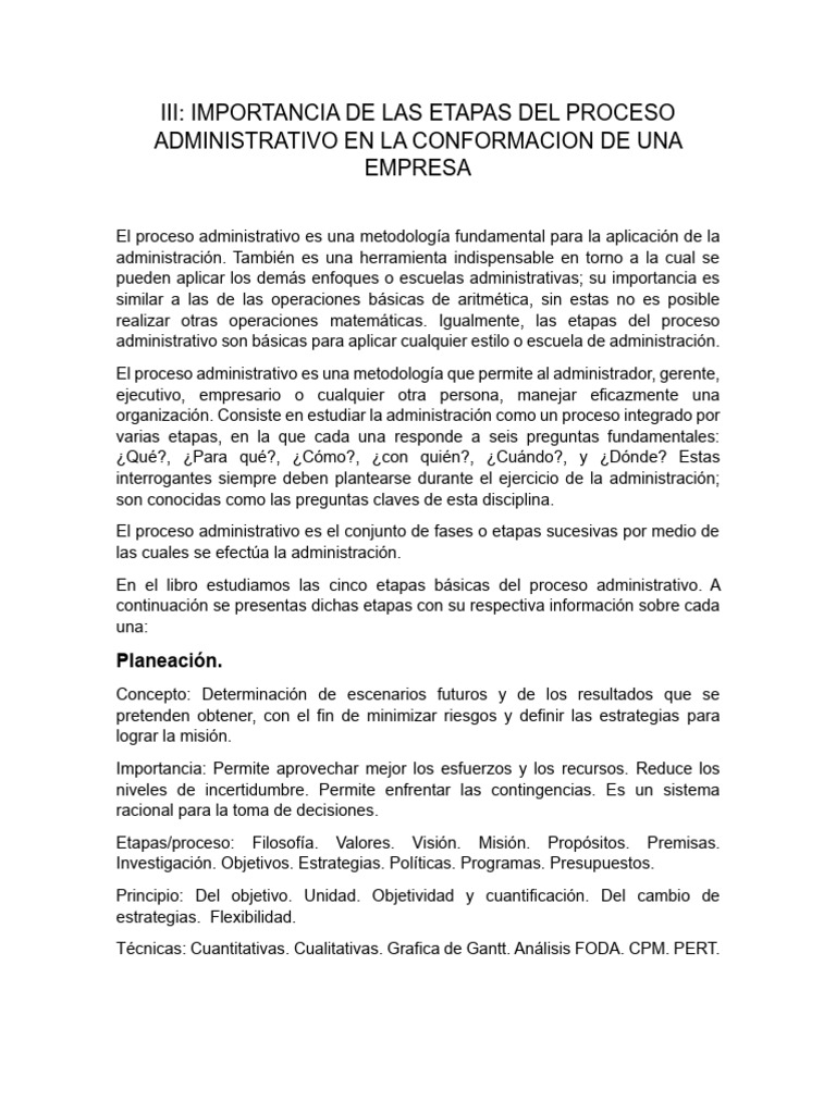 Importancia de Las Etapas Del Proceso Administrativo en La Conformacion ...
