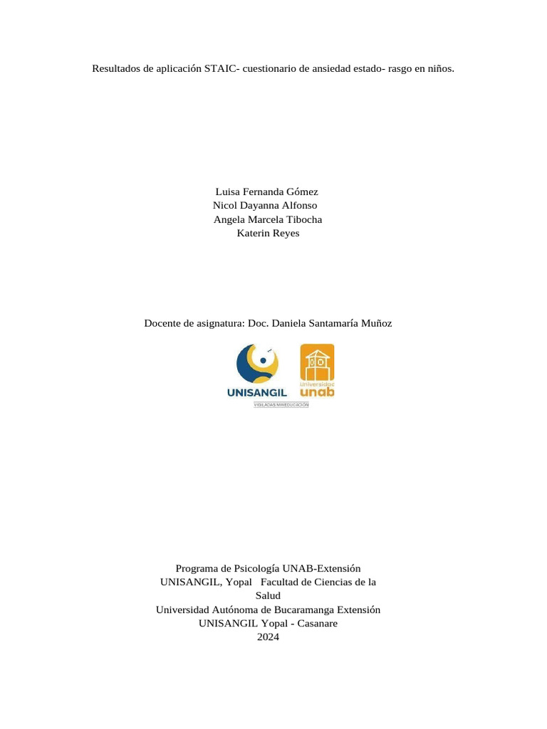 Resultados STAIC en Niños con Ansiedad | PDF | Ansiedad | Sicología