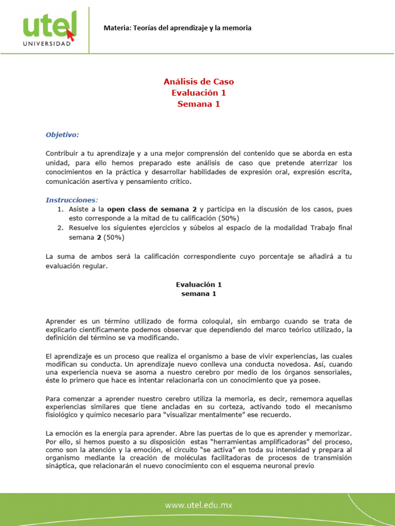 Teorías Del Aprendizaje y La Memoria - Evaluación 1 - P | PDF ...