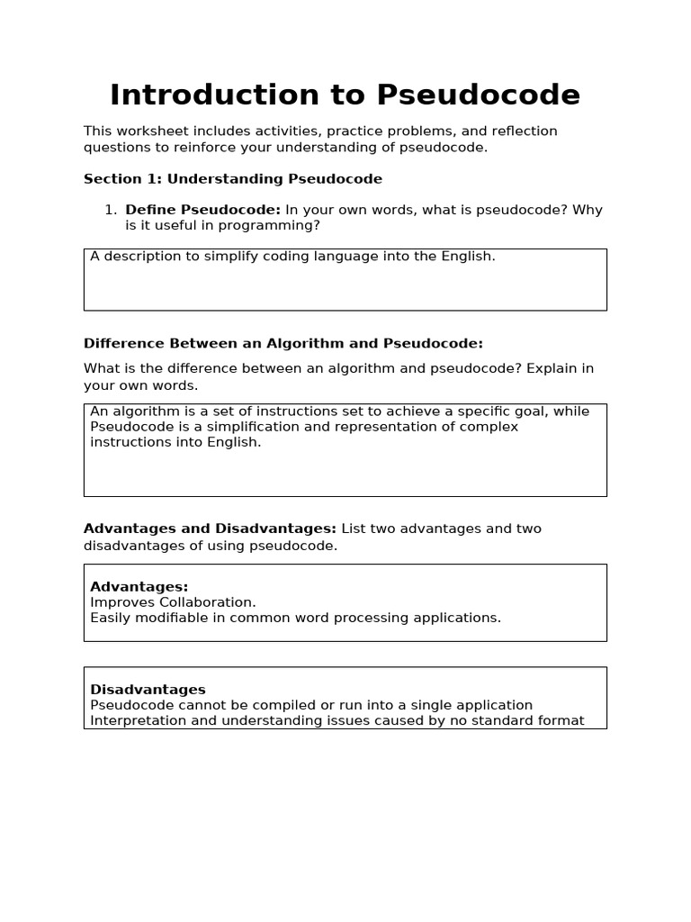 Introductioffn To Pseudocode Worksheet | PDF | Algorithms | Computing