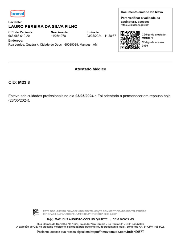 Atestado Médico - CID M23.8 | PDF