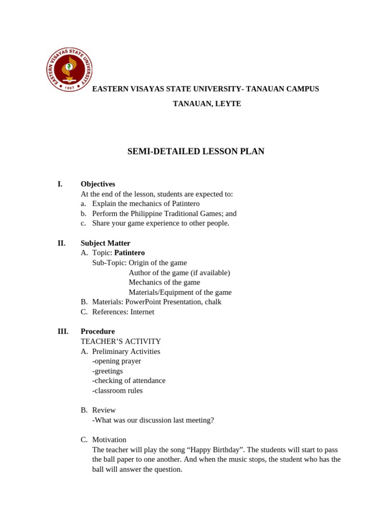 Patintero Lesson Plan for Students | PDF