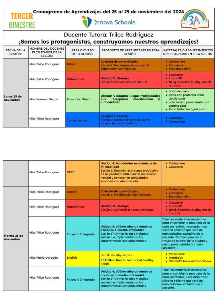3A Cronograma de Aprendizajes Del 25 Al 29 de Noviembre - 1 - 19905 | PDF