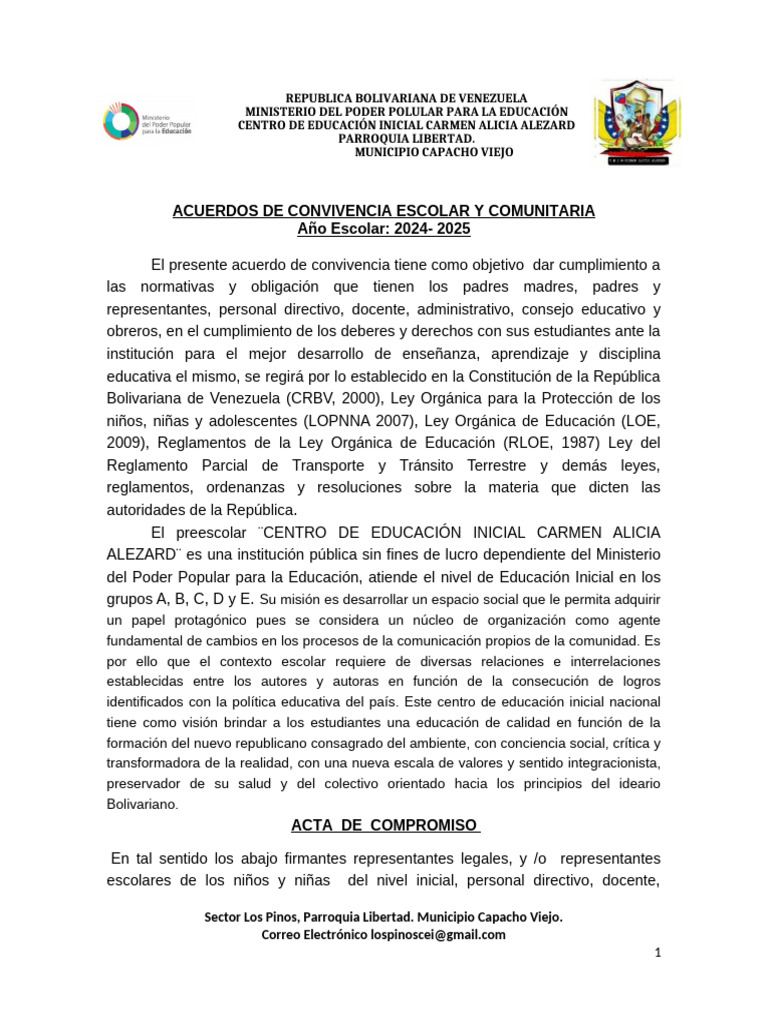 Acuerdos de Convivencia Escolar 2025 | PDF | Educación de la primera ...