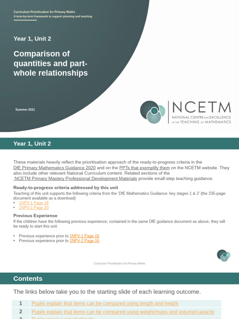 CP Year 1 Unit 2 Comparison of Quantities and Part Whole Relationships ...