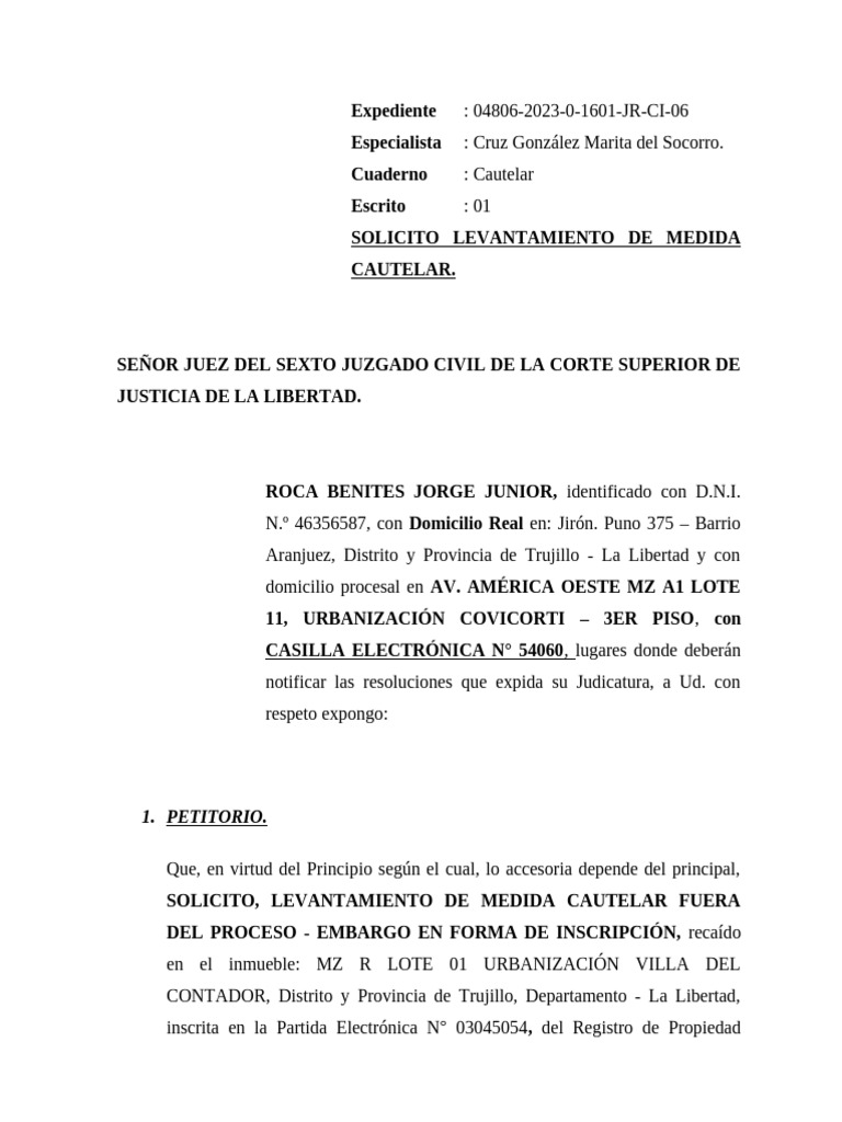 Solicito Levantamiento de Medida Cautelar | PDF | Mandato | Documento ...