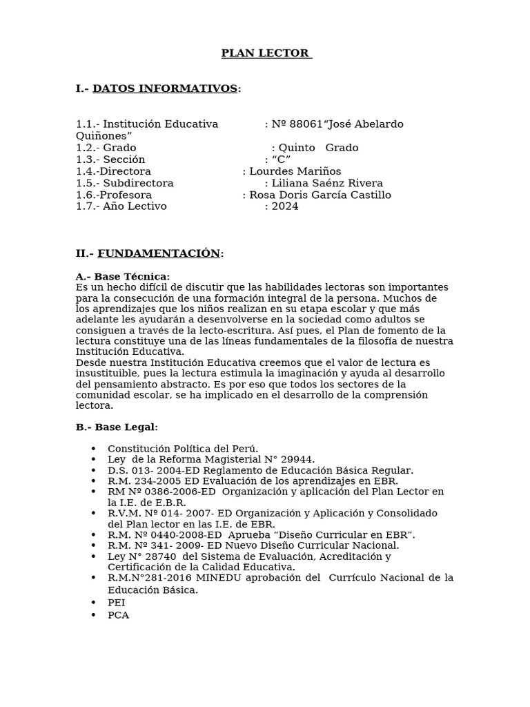 Plan Lector - 2024 | PDF | Educación primaria | Salón de clases