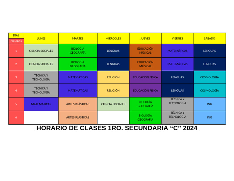 Horario Clases 1ro Secundaria C 2024 | PDF