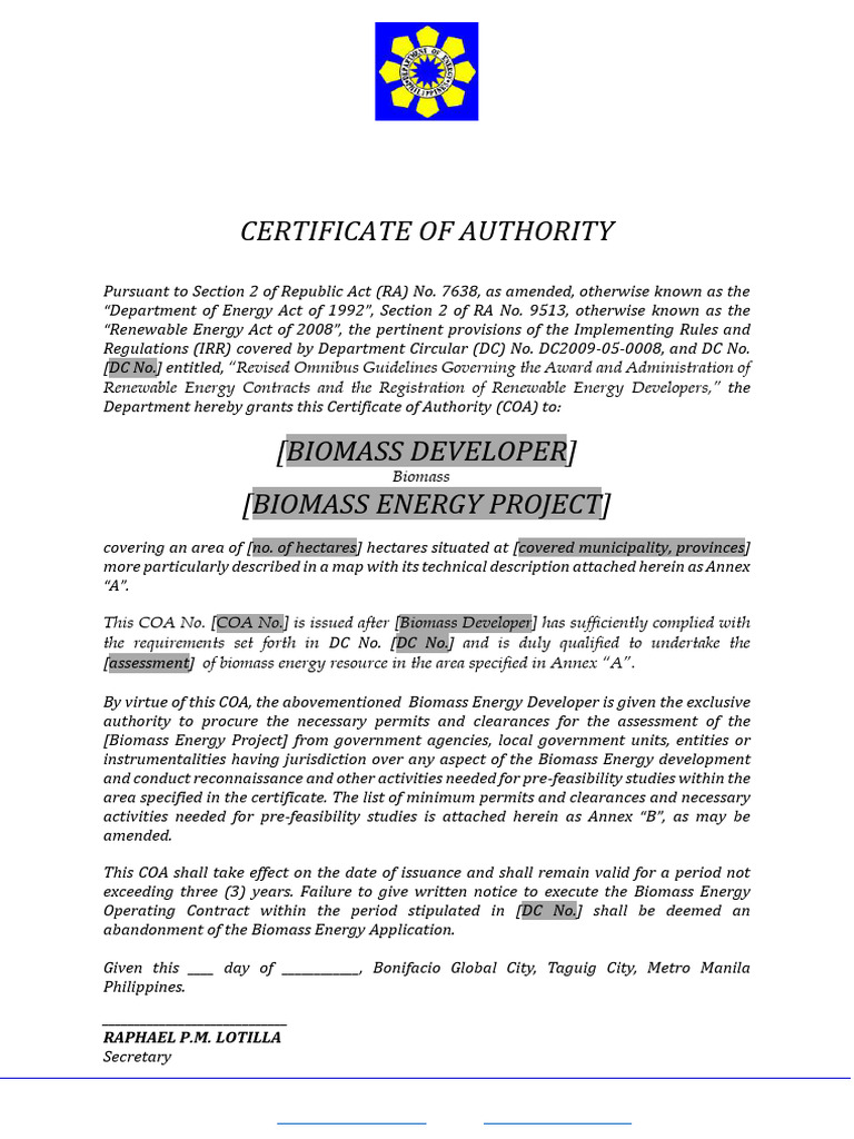 Annex A.1 Template COA & TOR (Biomass) | PDF | Justice | Crime & Violence