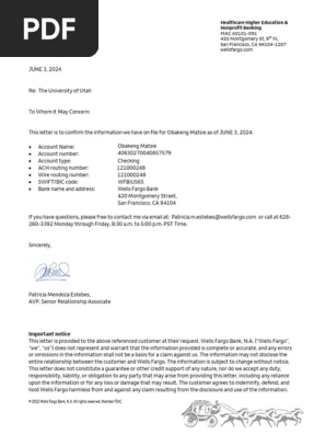 Wells Fargo Account Verification Letter | PDF | Wells Fargo