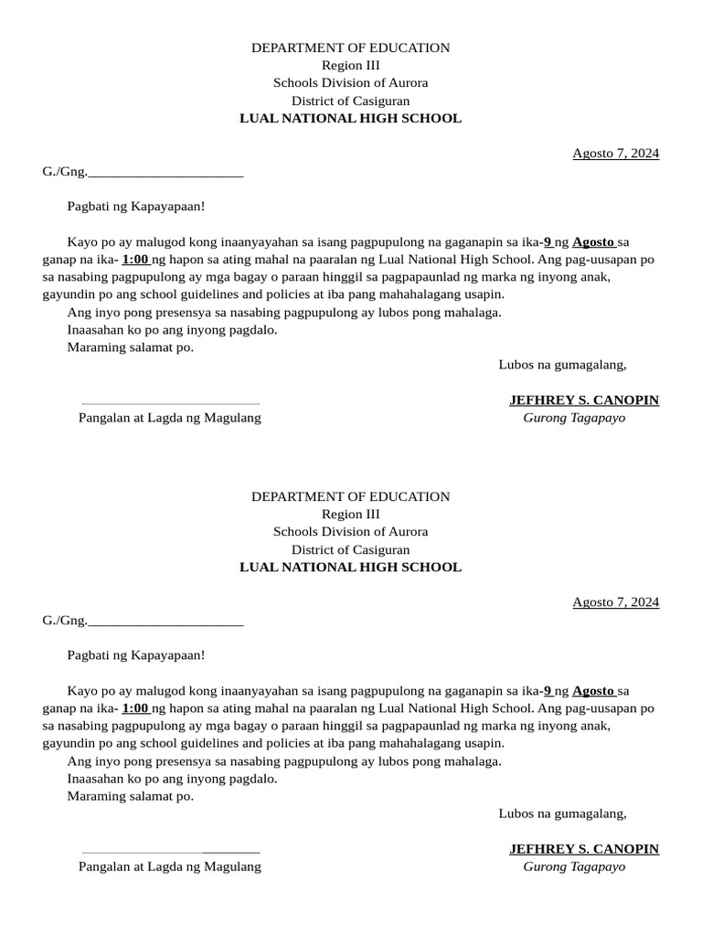Letter Sa Parents - 023611 | PDF