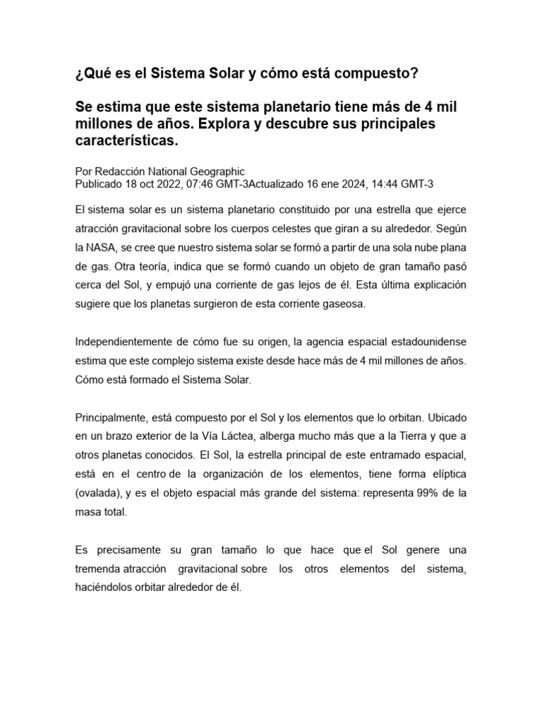 Qué Es El Sistema Solar y Cómo Está Compuesto | PDF