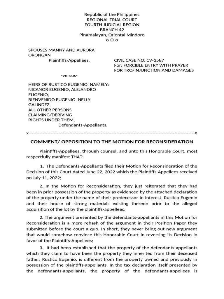 Opposition to Motion for Reconsideration | PDF | Res Judicata | Public Law