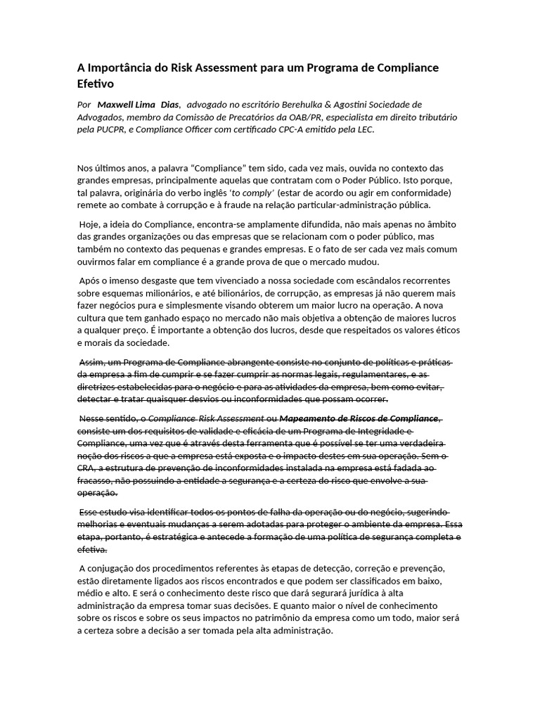 A Importância Do Risk Assessment para Um Programa de Compliance Efetivo ...