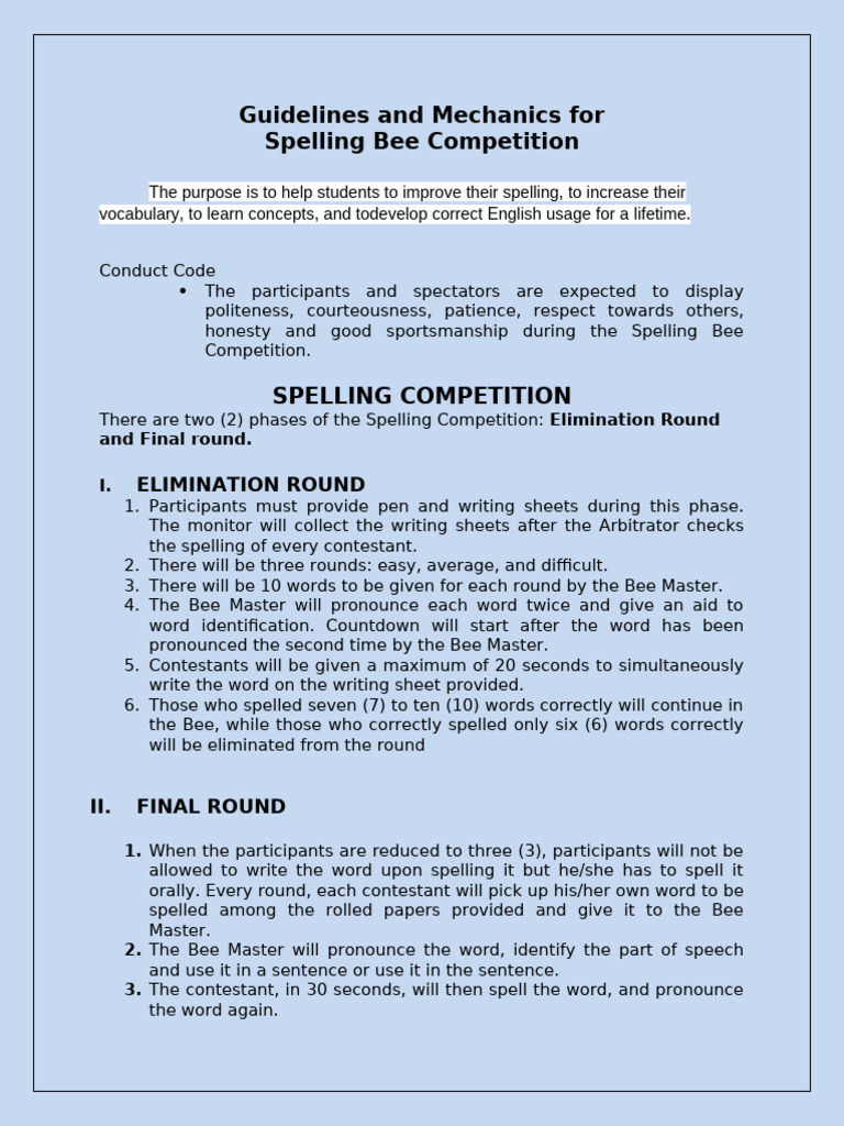 Spelling Bee Competition Guidelines | PDF | Human Communication ...