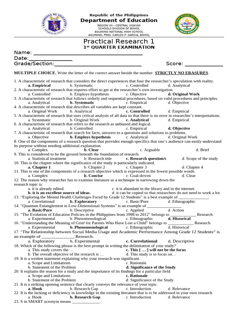 Practical Research 1 Quarter Exam | PDF | Qualitative Research ...