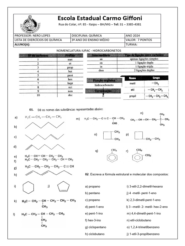 Lista de Exercícios de Química 3º Ano | PDF | Gás liquefeito de ...