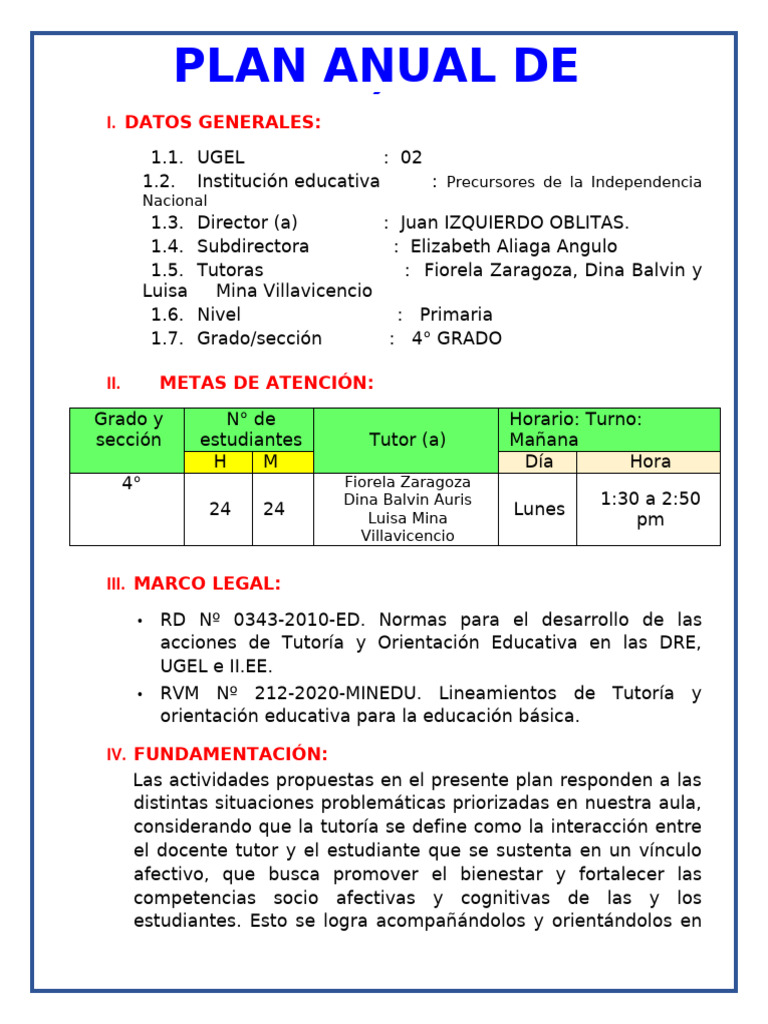 Plan de Tutoria de Aula 4to | PDF | Salón de clases | Violencia