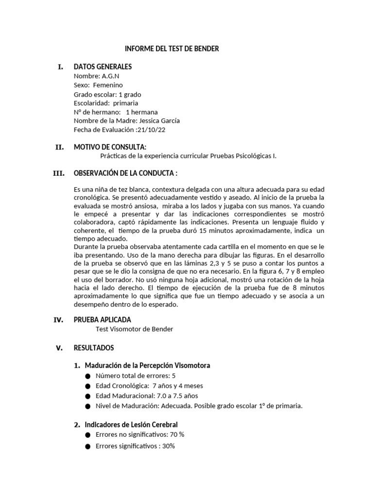 Informe del Test de Bender: Resultados y Recomendaciones | PDF ...