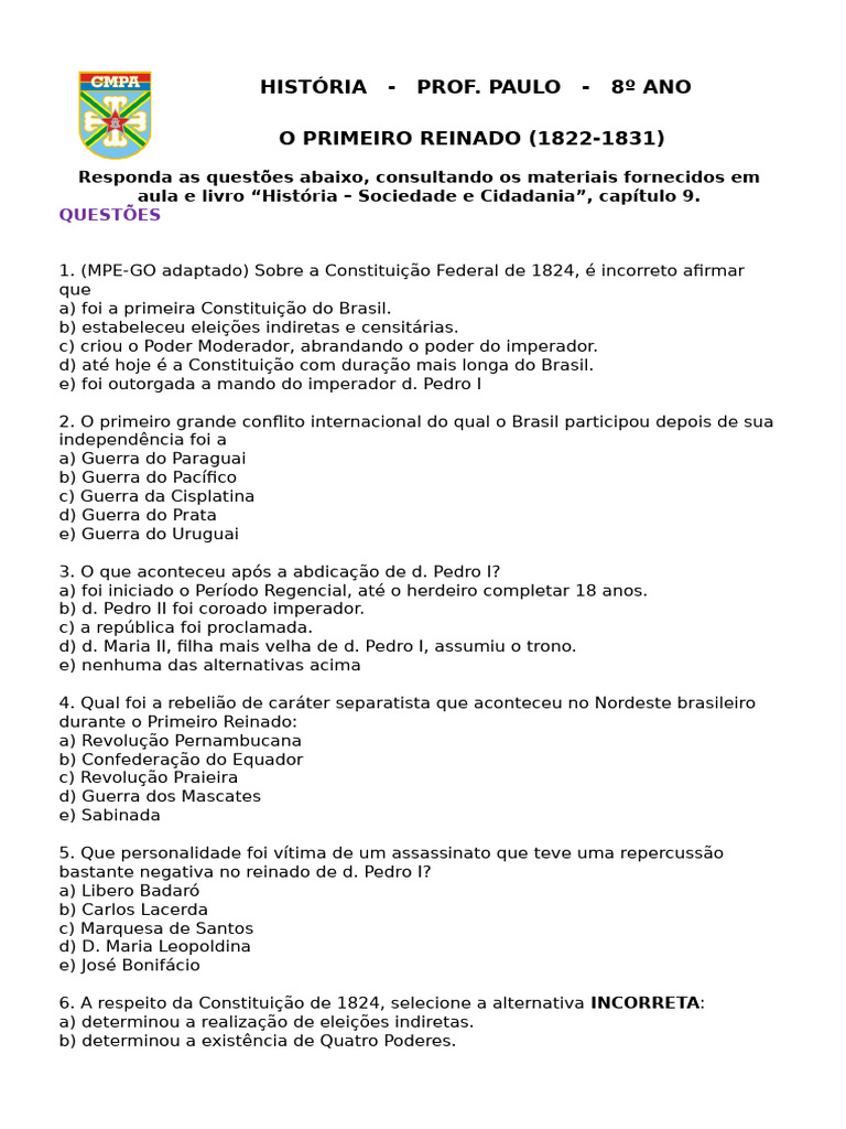 Questões sobre o Primeiro Reinado 8º Ano | PDF | Brasil | Monarquia