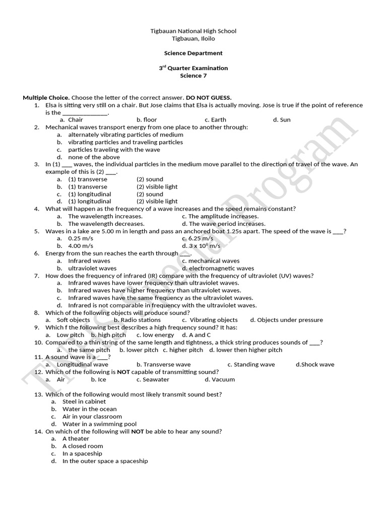 Science 7 3rd Quarter Exam Questions | PDF | Electromagnetic Radiation ...