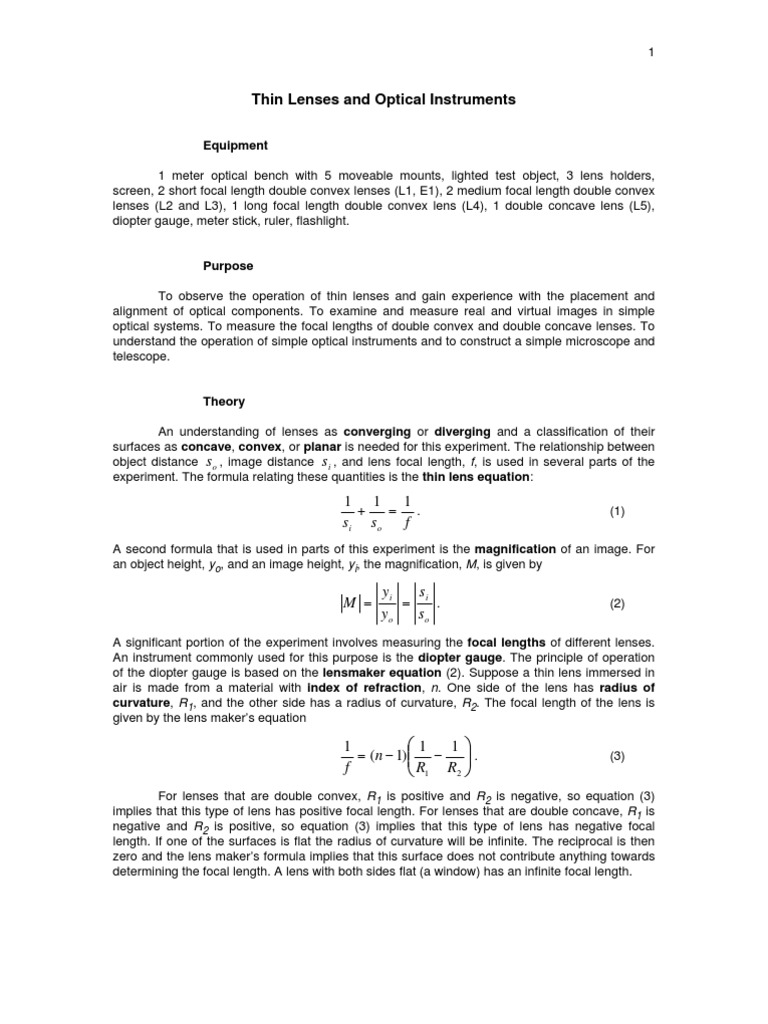 Thin Lenses and Optical Instruments Measuring Focal Lengths