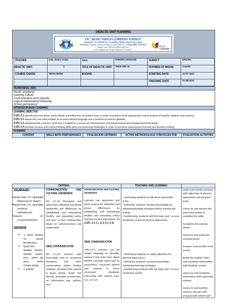 Didactic Unit Planning 10th 2 3 4 Pdf English As A Second Or